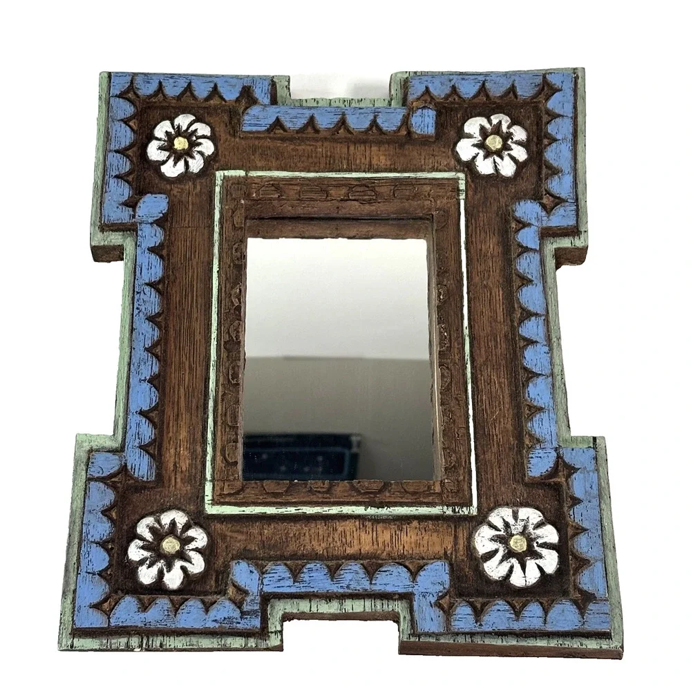 Beautiful Frame Vtg Carved Painted Engraved Mirror Wall Folk Art Boho Cottage
